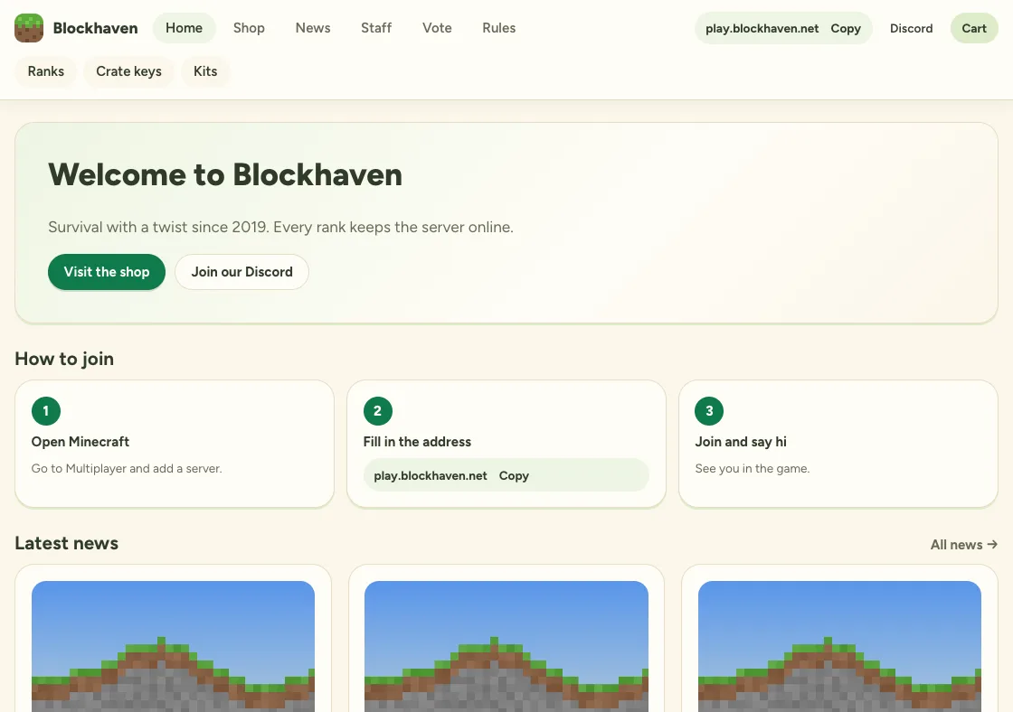 The demo store Blockhaven, designed by the AI as: Cozy village
