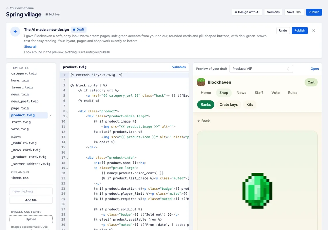 The theme editor with the files, the code and a live preview of the draft