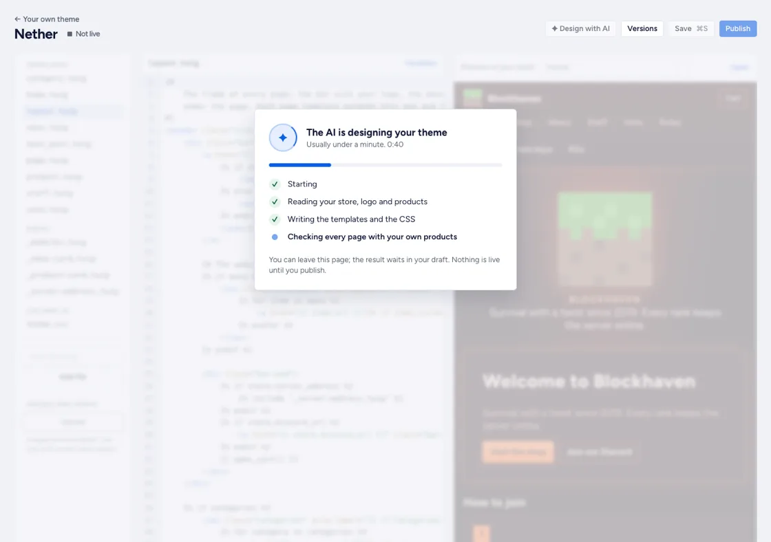 The editor while the AI designs a theme, with its steps