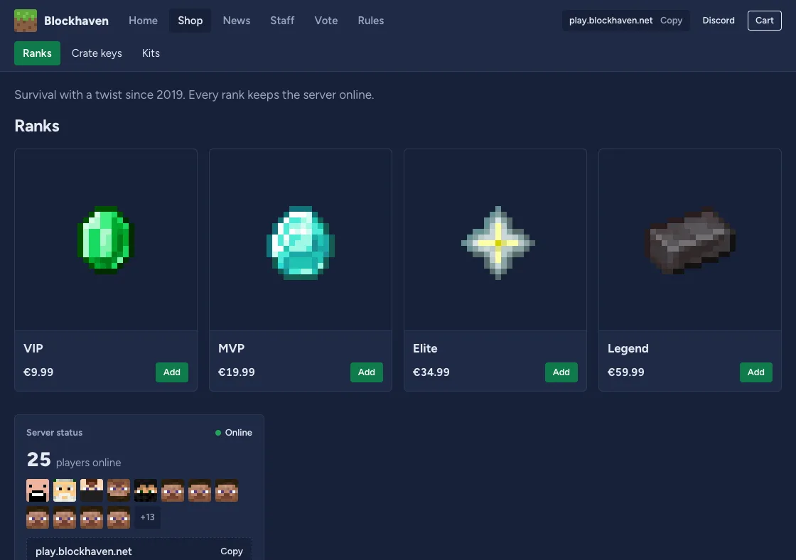 The demo store Blockhaven in the Classic theme