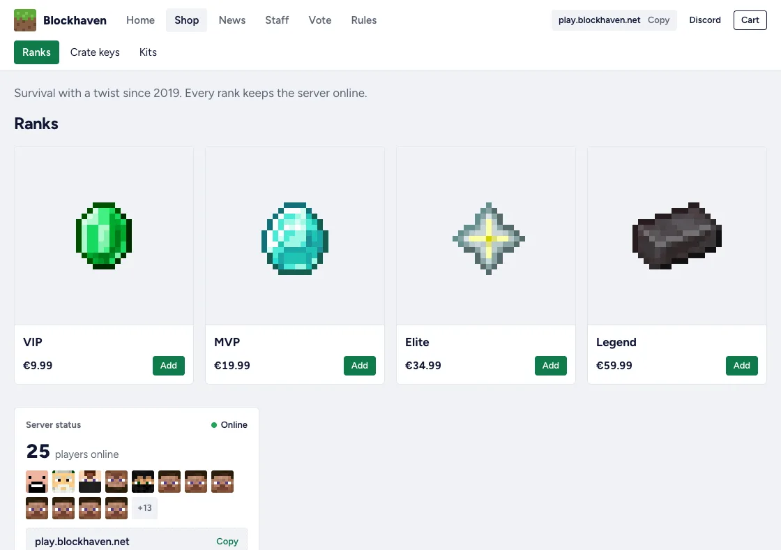 The demo store Blockhaven in the Classic theme