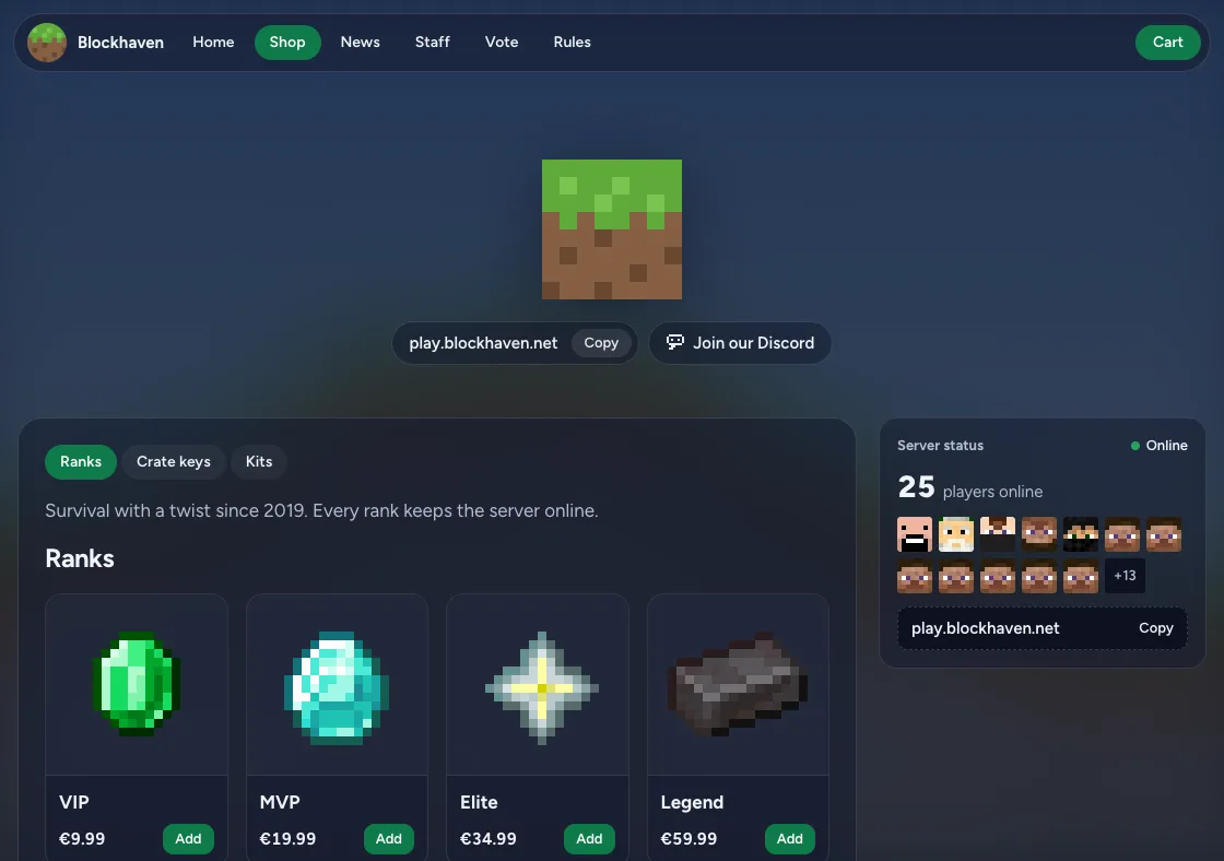 The demo store Blockhaven in the Glass theme