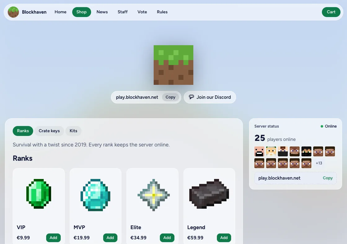 The demo store Blockhaven in the Glass theme