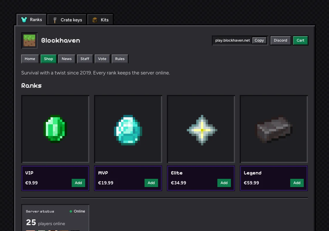 The demo store Blockhaven in the Inventory theme