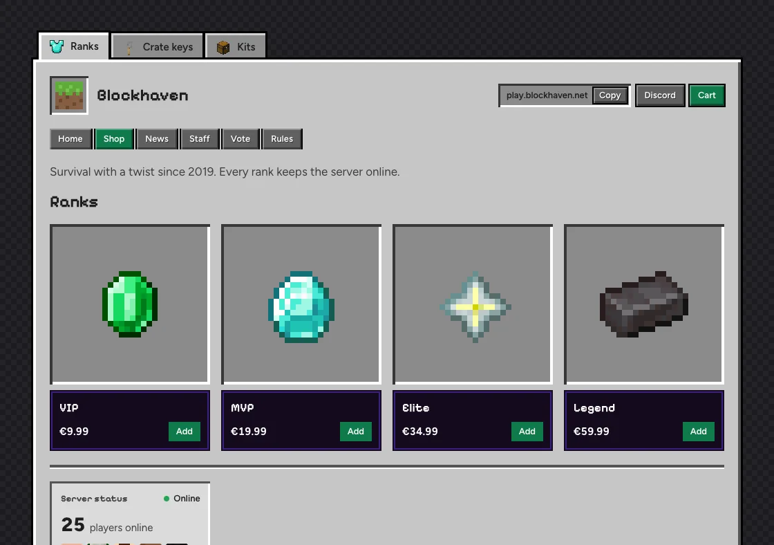 The demo store Blockhaven in the Inventory theme