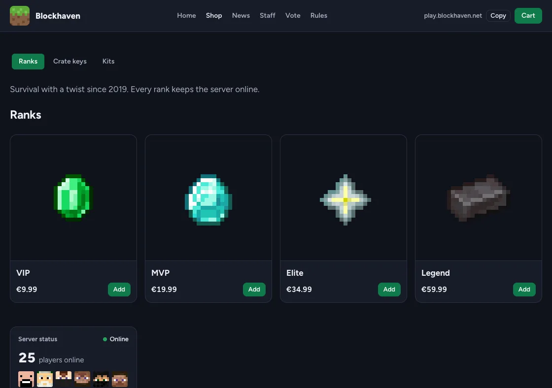 The demo store Blockhaven in the Tiers theme