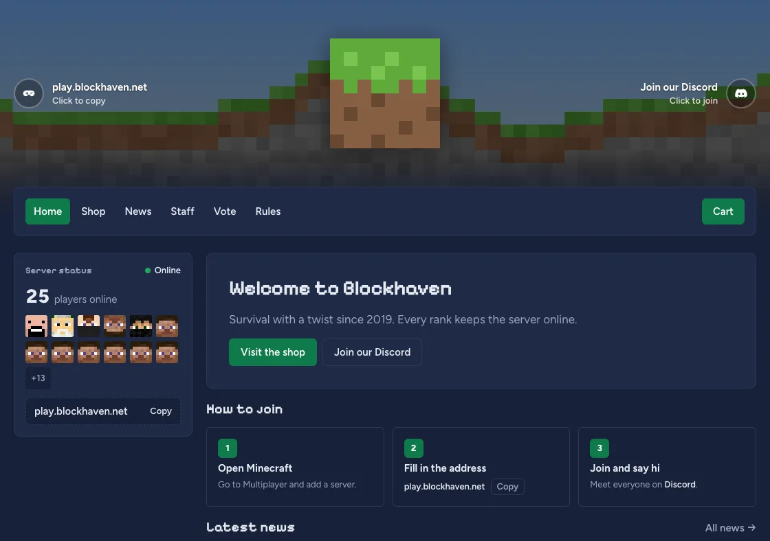 The home of the website of the demo server Blockhaven, with the players online