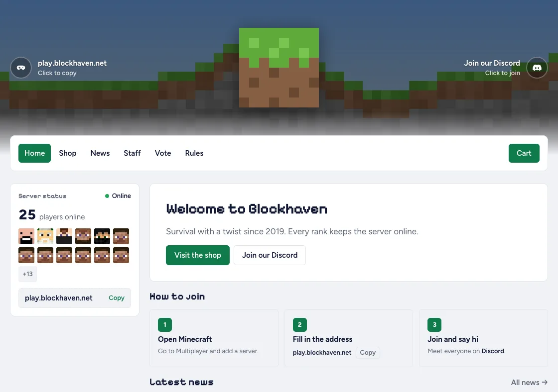 The home of the website of the demo server Blockhaven, with the players online