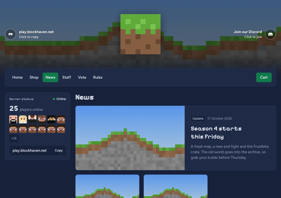 The news page of the demo server Blockhaven