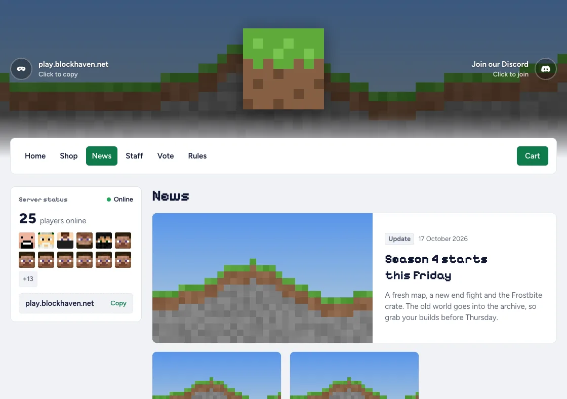 The news page of the demo server Blockhaven